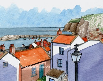 Limited Edition Print - Staithes, North Yorkshire from an original watercolour painting by Malcolm Davies GRA.