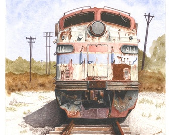 Limited Edition Print of an Abandoned E.M.D 9a locomotive No 414 from an original watercolour painting by Malcolm Davies.