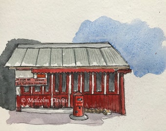 Sub Post Office at Combermere, Shimla, Himachal Pradesh, India - Pen and Wash watercolour by Malcolm Davies GRA