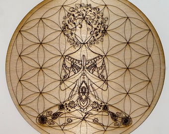 Crystal Grid Flower of Life Girl Meditating- flower of life wood crystal grid- meditation crystal grid wood- crystal altar wood grid