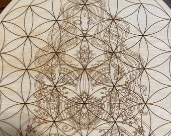 Flower of Life Crystal Grid with Meditating Woman | Sacred Geometry Wood Crystal Grid | Mandala Meditation Altar Decor