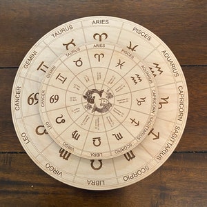 Wood Zodiac Wheel Crystal Grid | Astrology Wheel Altar Decor | Zodiac Chart for Sacred Space | Natural Wooden Astrology Grid
