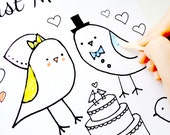 Wedding Coloring Page Just Married Love Birds Theme - PDF Instant Download for a Wedding Reception - Sweet Bird Bride and Groom | DIY Bride