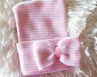 Smaller Bow Pink and White Hospital Newborn Beanie, Newborn's First Bow! Newborn Hat, Baby Girl Hospital Hat, Newborn Girl Hat