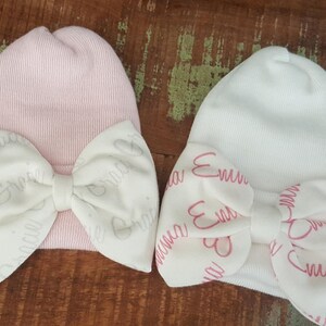 Personalized newborn hat and/or headband, Baby Name Bow gift set. Newborn Hat, Baby Girl Hospital Hat & elastic headband personalized bow image 1