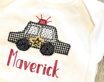 Personalized Embroidered Police Car applique romper.   Great for newborns and boys of all ages!