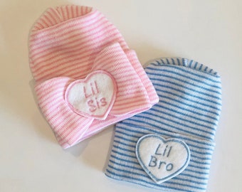 Hospital Newborn Hats.  Lil Sis and Lil Bro newborn hats.  Baby Girl and/or Baby Boy hospital hats. Baby shower gift. Baby Hats for twins.