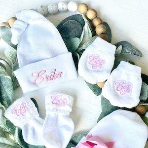 Monogram Newborn Hospital Gift Set. Newborn hat, mitten and sock set with monogram. Hospital hat. Monogram baby gift set for boy or girl.