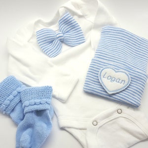 Personalized Newborn Boy Bow tie outfit with hat and sock set. Blue & White Striped Bow-tie. Gift Set.  Newborn hat with Personalized heart.