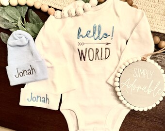 Hello World! Personalized Embroidered romper set with 2 newborn hats. Great for baby showers,hospital gifts and those first newborn photos.