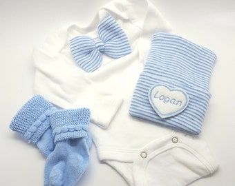 Personalized Newborn Boy Bow tie outfit with hat and sock set. Blue & White Striped Bow-tie. Gift Set.  Newborn hat with Personalized heart.