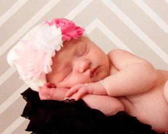 Hospital Newborn Beanie, Newborn's First Flower! Shabby Chic Pink and White Roses <3