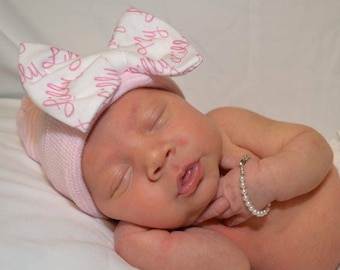 Personalized newborn hat and/or headband with baby name bow. Newborn baby girl Hat, Baby Girl Hospital Hat & headband.Gender reveal prop.