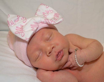 New Improved Round Top!! Hospital Newborn Beanie with Personalized Baby Name Bow! Newborn Hat, Baby Girl Hospital Hat.