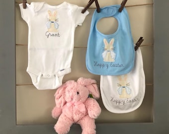 Easter Bunny Embroidered Outfit.  Easter Outfit. Happy Easter Bib.  Perfect baby outfit for Spring.  Baby's first Easter.  Welcome Spring.