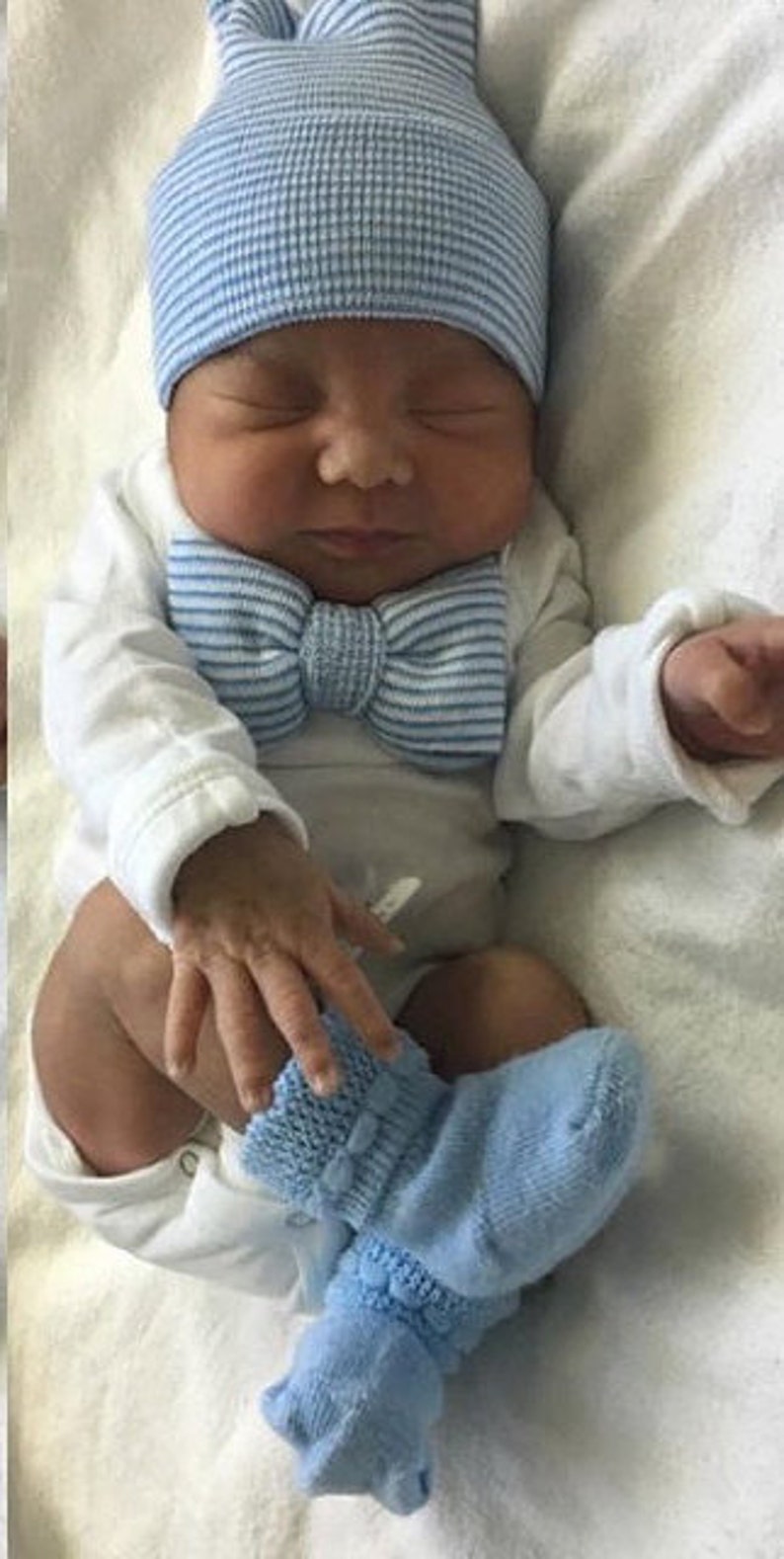 Newborn Boy Bowtie outfit with matching hat and sock set. Etsy