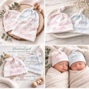 Personalized Organic Cotton Baby Hat|Custom Newborn Name Hat|HospitalHat|Knotted Baby Beanie|Baby Shower Gift|Newborn Photo Prop Bild 1