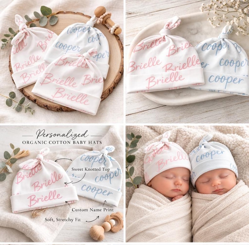 Personalized Organic Cotton Baby Hat|Custom Newborn Name Hat|HospitalHat|Knotted Baby Beanie|Baby Shower Gift|Newborn Photo Prop Bild 1