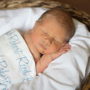 Newborn Baby Name Swaddle Blanket and Round Top Baby Hat.  100% organic cotton Baby Blanket.  Personalized Name Blanket.  Newborn Blanket.