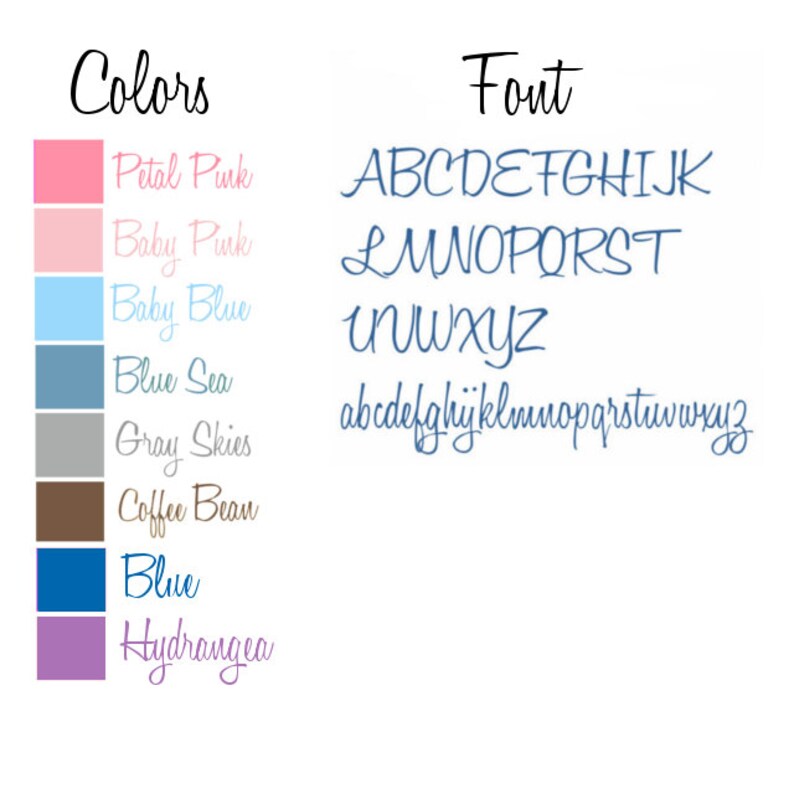 May include: A color chart with eight different colors, including petal pink, baby pink, baby blue, blue sea, gray skies, coffee bean, blue, and hydrangea. The chart is labeled "Colors". Below the chart is a font chart with the alphabet in uppercase and lowercase letters. The font chart is labeled "Font".