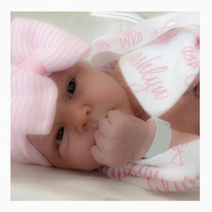 Personalized Gift Set. Newborn Hospital Hat  (round top/double ply) and 100% Organic Cotton Swaddle Blanket.  Personalized Name Blanket.