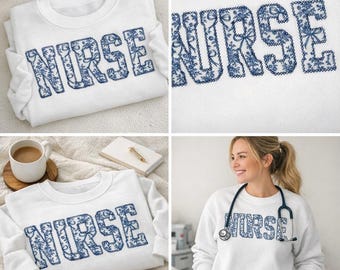 Love Shack Fancy Embroidered Nurse Sweatshirt. Blue bows, flowers, adorn this personalized sweatshirt. Customized with name on Sleeve.