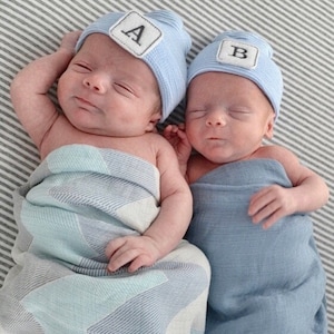Personalized &quot;Baby A&quot; and &quot;Baby B&quot; newborn hats for twins.  Newborn hats,  Hospital Newborn Beanie, Newborn boy and or girl hat