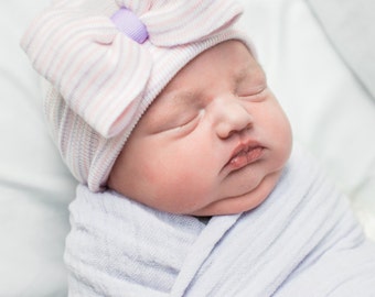 New Improved Round Top!!  Purple Pink and White Hospital Newborn Beanie. Newborn's First Bow! Newborn Hat, Baby Girl Hospital Hat.