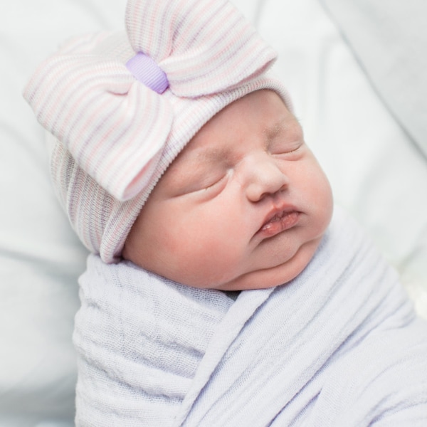 New Improved Round Top!!  Purple Pink and White Hospital Newborn Beanie. Newborn's First Bow! Newborn Hat, Baby Girl Hospital Hat.