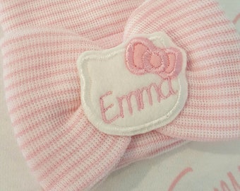 Personalized newborn cat hat, Newborn hat, newborn girl, baby girl hospital hat, Baby Name Hat. Hospital Newborn Beanie, Newborn girl hat