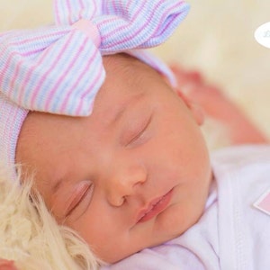 Hospital Newborn Beanie, Pink White and Blue striped hat, Newborn's First Bow, Newborn hat with bow, newborn girl hospital hat image 1