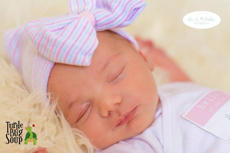 Hospital Newborn Beanie, Pink White and Blue striped hat, Newborn's First Bow, Newborn hat with bow, newborn girl hospital hat image 1