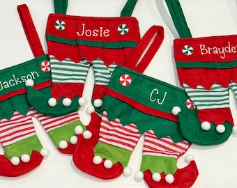 Personalized Elf Stockings.  Holiday Embroidered gifts.