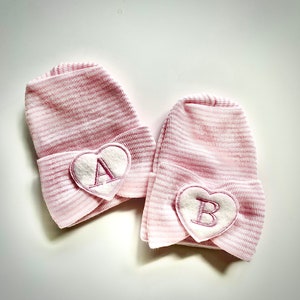 Personalized &quot;Baby A&quot; and &quot;Baby B&quot; newborn hats for twins.  Newborn hats,  Hospital Newborn Beanie, Newborn girl hats.