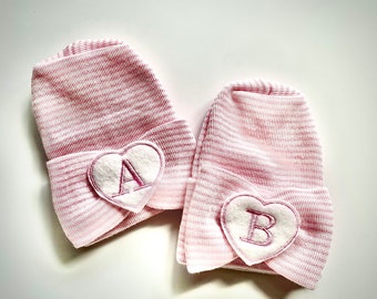 Personalized "Baby A" and "Baby B" newborn hats for twins.  Newborn hats,  Hospital Newborn Beanie, Newborn girl hats.
