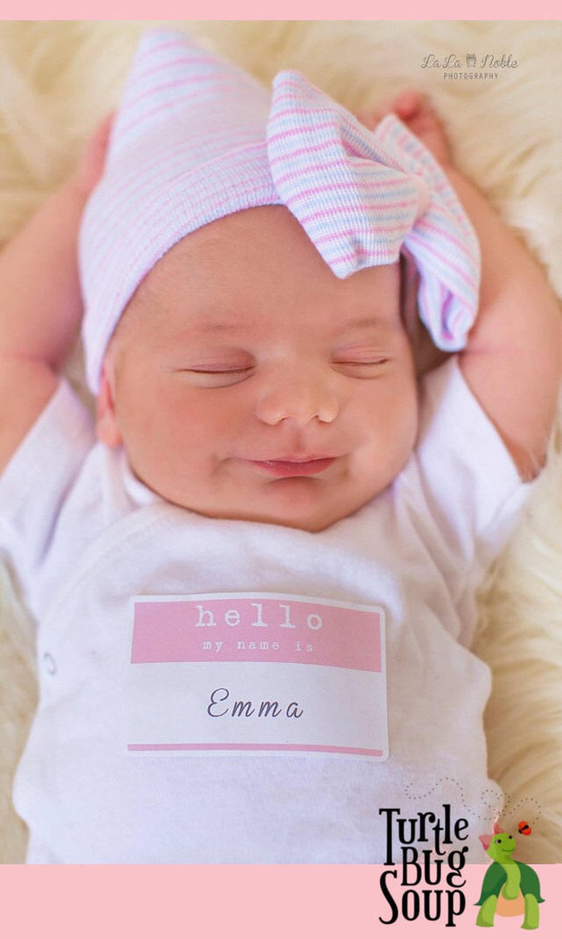 Hospital Newborn Beanie, Pink White and Blue striped hat, Newborn's First Bow, Newborn hat with bow, newborn girl hospital hat image 2