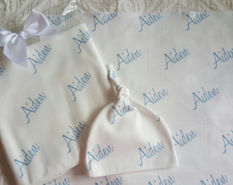 Personalized Newborn Gift Set. 100% organic cotton. Baby Blanket, Burp Cloth and Knot Newborn Beanie. Newborn Swaddle Blanket. Boy hat.