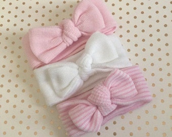 Newborn Girl Knot headbands. Hospital Newborn Headbands,  Set of 3 Mini Headbands,  Newborn's First Headbands, newborn girl hospital bow.
