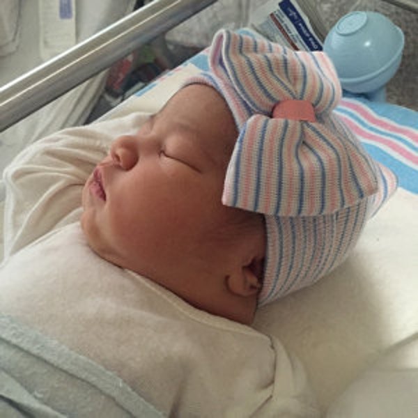 Hospital Newborn Beanie, Pink White and Blue striped hat, Newborn's First Bow, Newborn hat with bow, newborn girl hospital hat