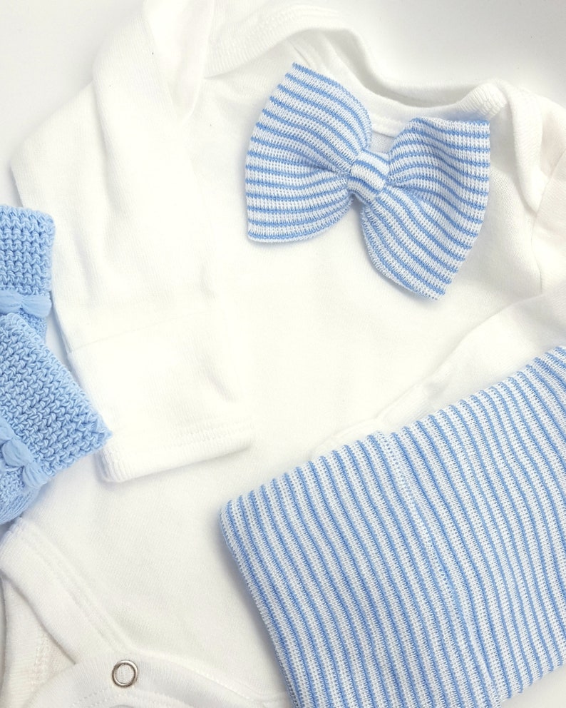 Newborn Boy Bowtie outfit with matching hat and sock set. Etsy