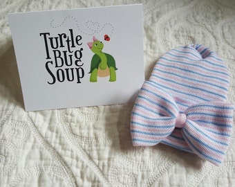 New Round Top/ Double Ply. Hospital Newborn Beanie, Pink White Blue stripe hat, Newborn's First Bow, newborn girl hospital hat