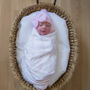 Newborn Baby Name Swaddle Blanket and Round Top Baby Hat.  100% organic cotton Baby Blanket.  Personalized Name Blanket.  Newborn Blanket.