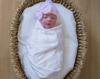 Newborn Baby Name Swaddle Blanket and Round Top Baby Hat.  100% organic cotton Baby Blanket.  Personalized Name Blanket.  Newborn Blanket.