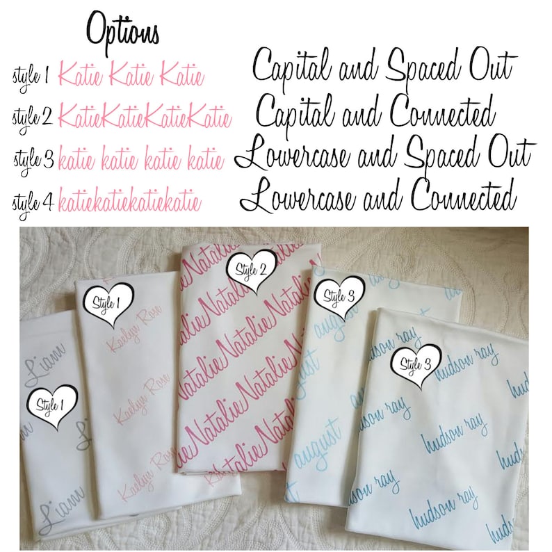 May include: Four white fabric samples with different styles of pink, blue, and grey lettering. The text on the samples reads "Katie Rose", "Natalie", and "Hudson Ray". The samples are labelled with the text "Style 1", "Style 2", and "Style 3".