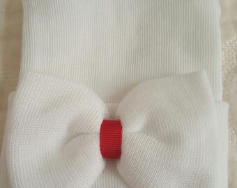 White Hospital Newborn Beanie with Red center ribbon, Newborn's First Bow! Hospital Hat. Valentine's Day Hat.