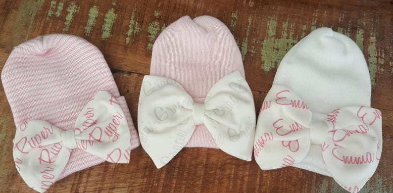 Personalized newborn hat and/or headband, Baby Name Bow gift set. Newborn Hat, Baby Girl Hospital Hat & elastic headband personalized bow image 1