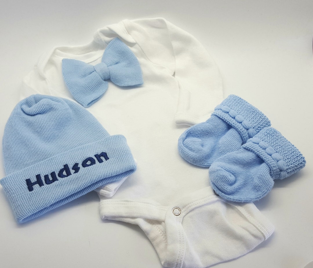 Personalized Newborn Boy Bowtie Outfit With Matching Hat and Sock Set