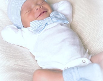 Newborn Boy Bow-tie outfit with matching hat and sock set.  Blue & White Striped Bow-tie.  Newborn Boy Gift Set.  Newborn hospital beanie