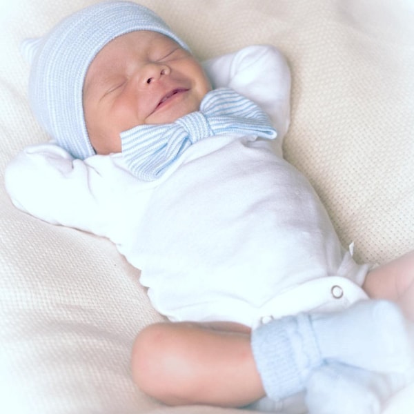 Newborn Boy Bow-tie outfit with matching hat and sock set.  Blue & White Striped Bow-tie.  Newborn Boy Gift Set.  Newborn hospital beanie