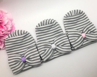 Newborn hospital hat.  Baby girl Gray and White stripe newborn hat.  Baby shower gift.  Round top. No corners!